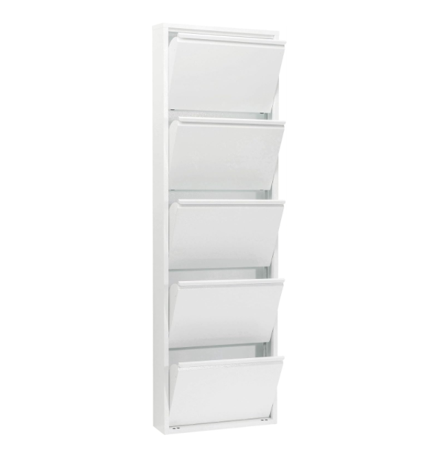 Schuhschrank Caruso Weiß, Metall, mit 5 Klappen, für 10 Paar Schuhe, schmal, platzsparend, hoch, 173x50x15 cm (H/B/T)