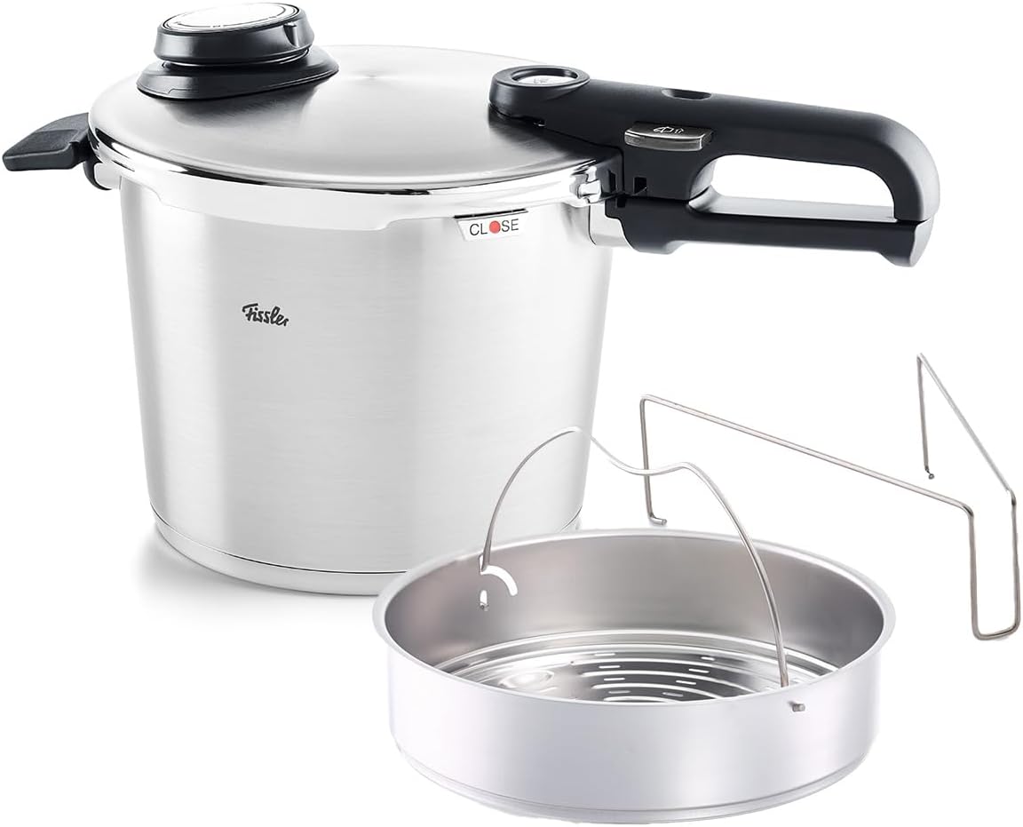 Vitavit Premium/Schnellkochtopf (6 L, Ø 22 cm) Edelstahl-Dampfkochtopf, 4-Garstufen, Inkl. Einsatz, Induktion