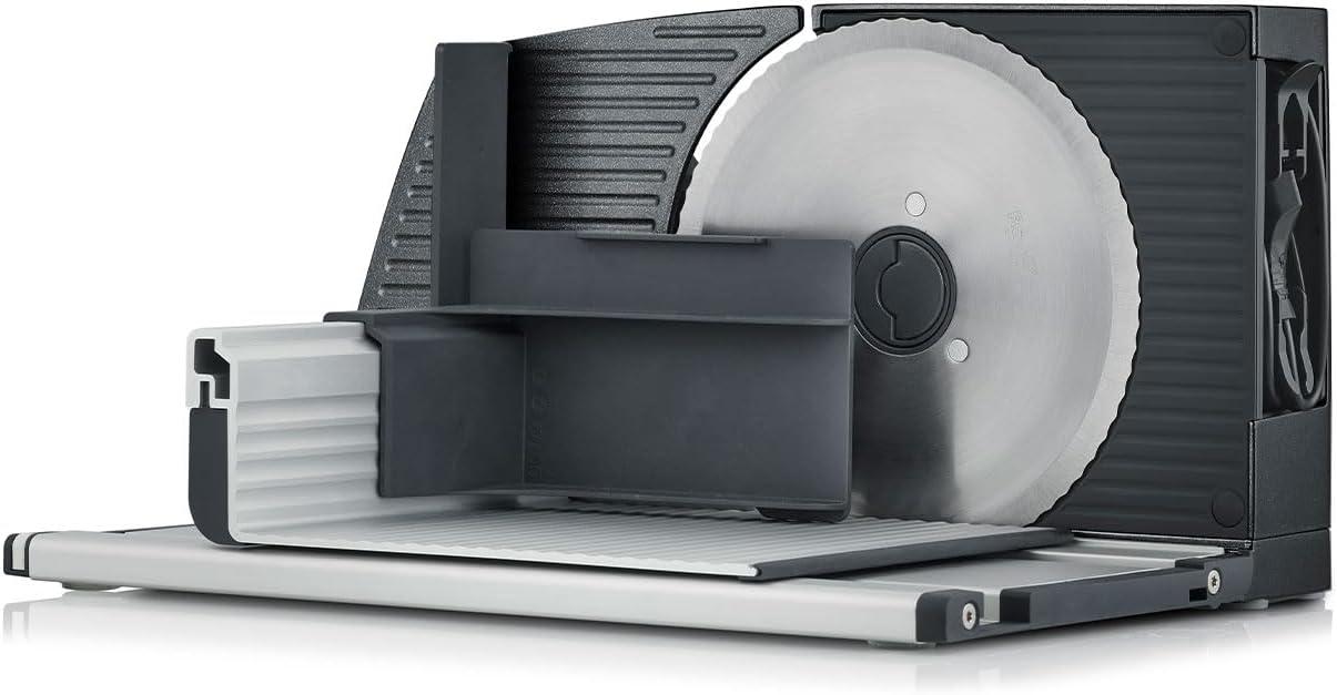 Klappbarer Allesschneider MT1006 - Vollmetall, Wellenschliffmesser 170 mm, Schnittstärke 0-15 mm, Energiesparmotor 170W, Kompakt, Eisenglimmergrau