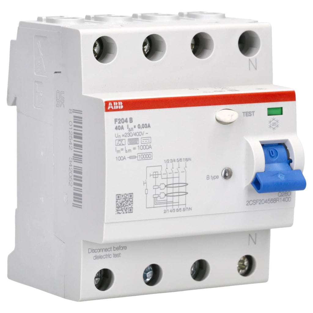 F204 B-40/0.03 FI-Schutzschalter Typ B, 4-polig, 40 A, 30 mA, allstromsensitiv, 10 kA, 4TE, für PV & Frequenzumrichter 2CSF204568R1400