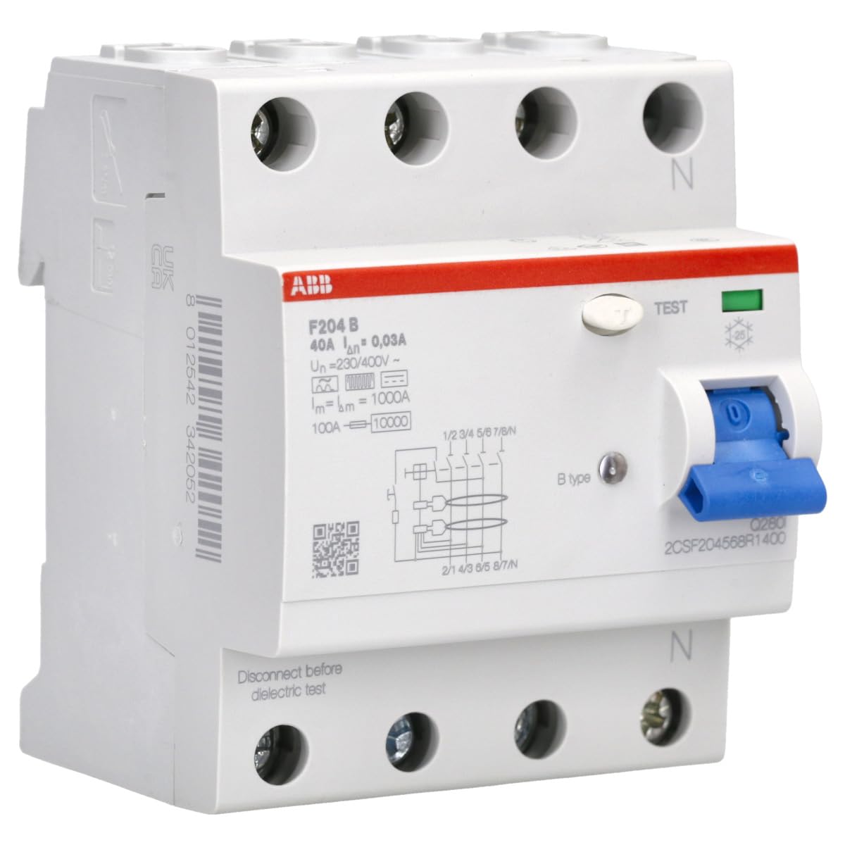 F204 B-40/0.03 FI-Schutzschalter Typ B, 4-polig, 40 A, 30 mA, allstromsensitiv, 10 kA, 4TE, für PV & Frequenzumrichter 2CSF204568R1400
