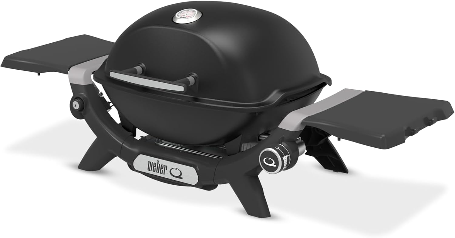 Q 1200N Gasgrill mit Seitentischen,Porzellanemaillierte Gusseisenroste,Deckelthermometer,Hochleistungsbrenner,1290cm² Grillfläche,Midnight Black