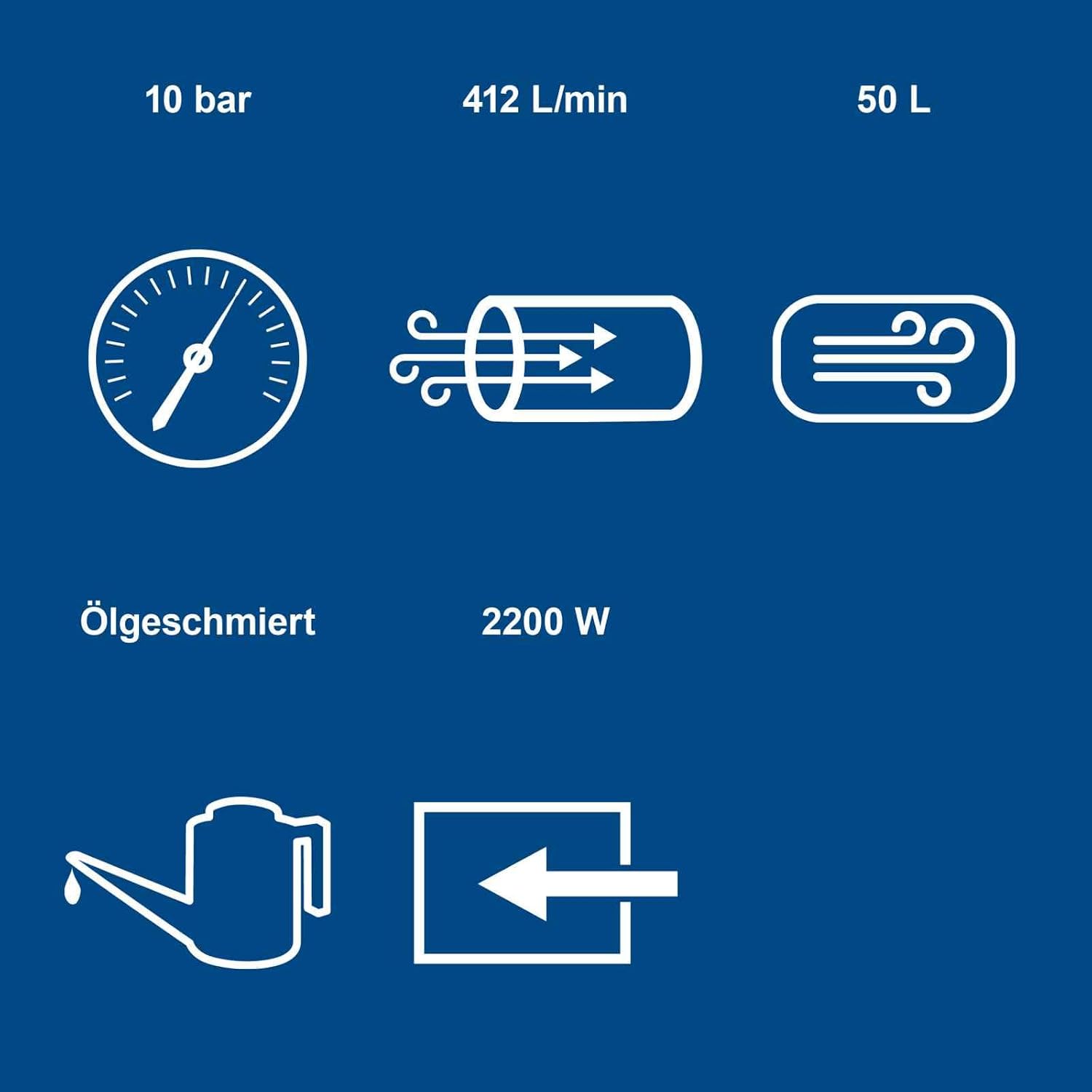 Druckluft Kompressor HC53DC | 2200W | 50L Kessel | 10bar | 412 L/min | Druckminderer | ölgeschmiert | Doppelzylinder