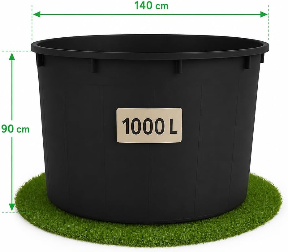Regentonne 1000 Liter, Regenwassertank aus schwarzem Kunststoff, UV-beständig & robust, Wasserspeicherfass aus LDPE