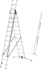 ProfiLOT S100 3-teilige Alu-Kombileiter mit Lot-System, gleicht Unebenheiten aus, 3x12 Profilsprossen, 150 kg, rostfrei, Silber