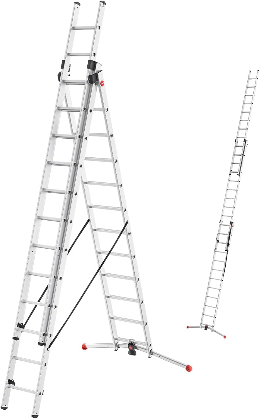 ProfiLOT S100 3-teilige Alu-Kombileiter mit Lot-System, gleicht Unebenheiten aus, 3x12 Profilsprossen, 150 kg, rostfrei, Silber