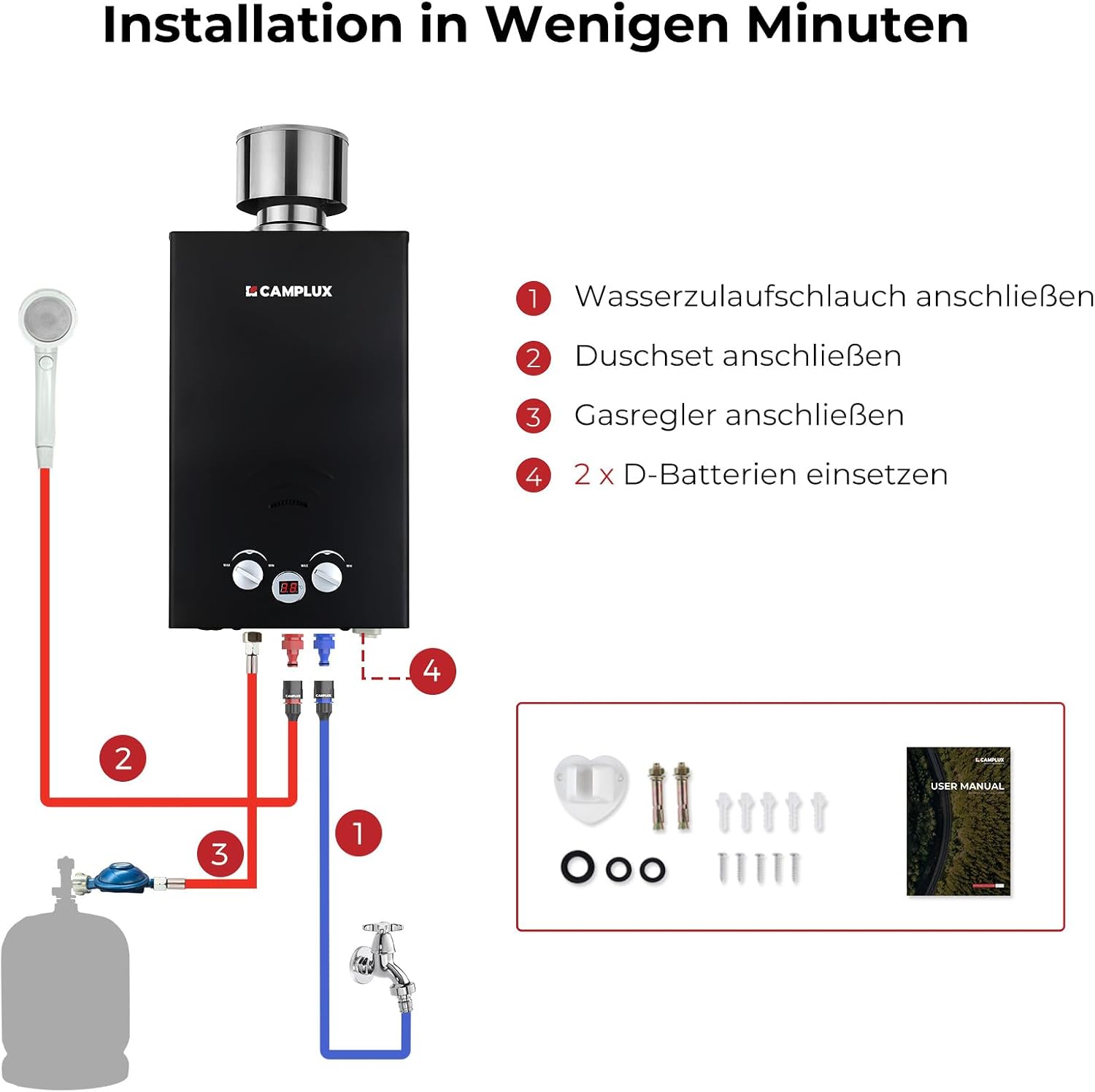 Gasdurchlauferhitzer 10L 50mbar mit Edelstahl Regendeckel Propan/Butan Gas für Campingdusche, Wohnmobilausflug, Waschpferd