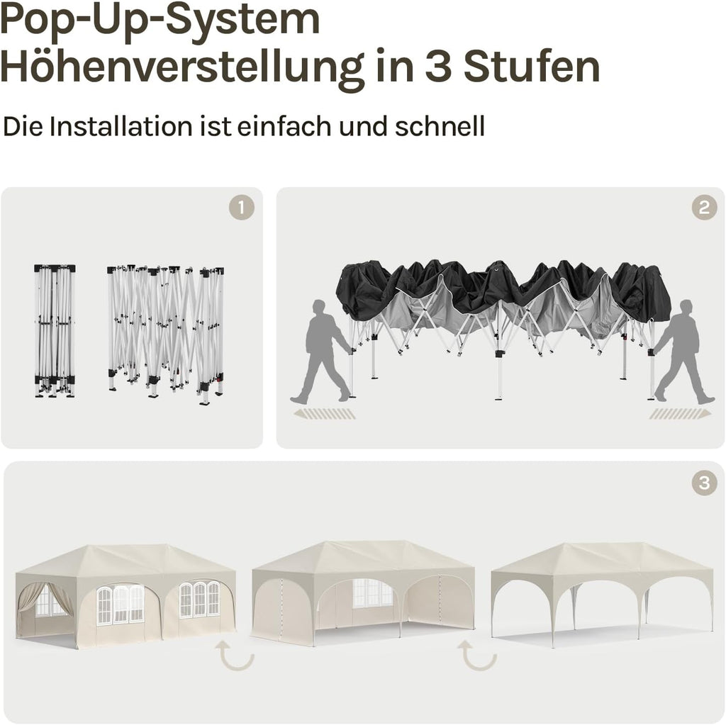 Faltpavillon 3x6m, 6 Seitenwände, wasserabweisend, UV-Schutz 50+, höhenverstellbar, mit Tragetasche, für Outdoor/Garten/Camping, beige