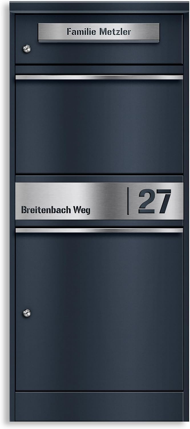 Paketbox Briefkasten mit großem Paketfach, Anthrazit, personalisiert, Standbriefkasten für draußen, rostfrei und massiv, mit Gravur, Bispo 2