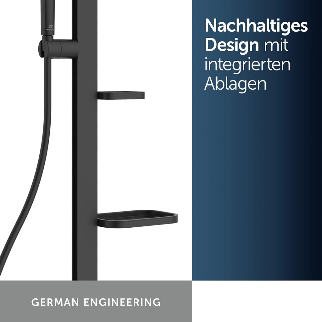 Ceratherm Alu+ Duschsystem, 100% recyceltes Aluminium, Wassersparende Brause, variable Strahlarten, Verbrühschutz, Schwarz Matt (356x501x1113 mm)