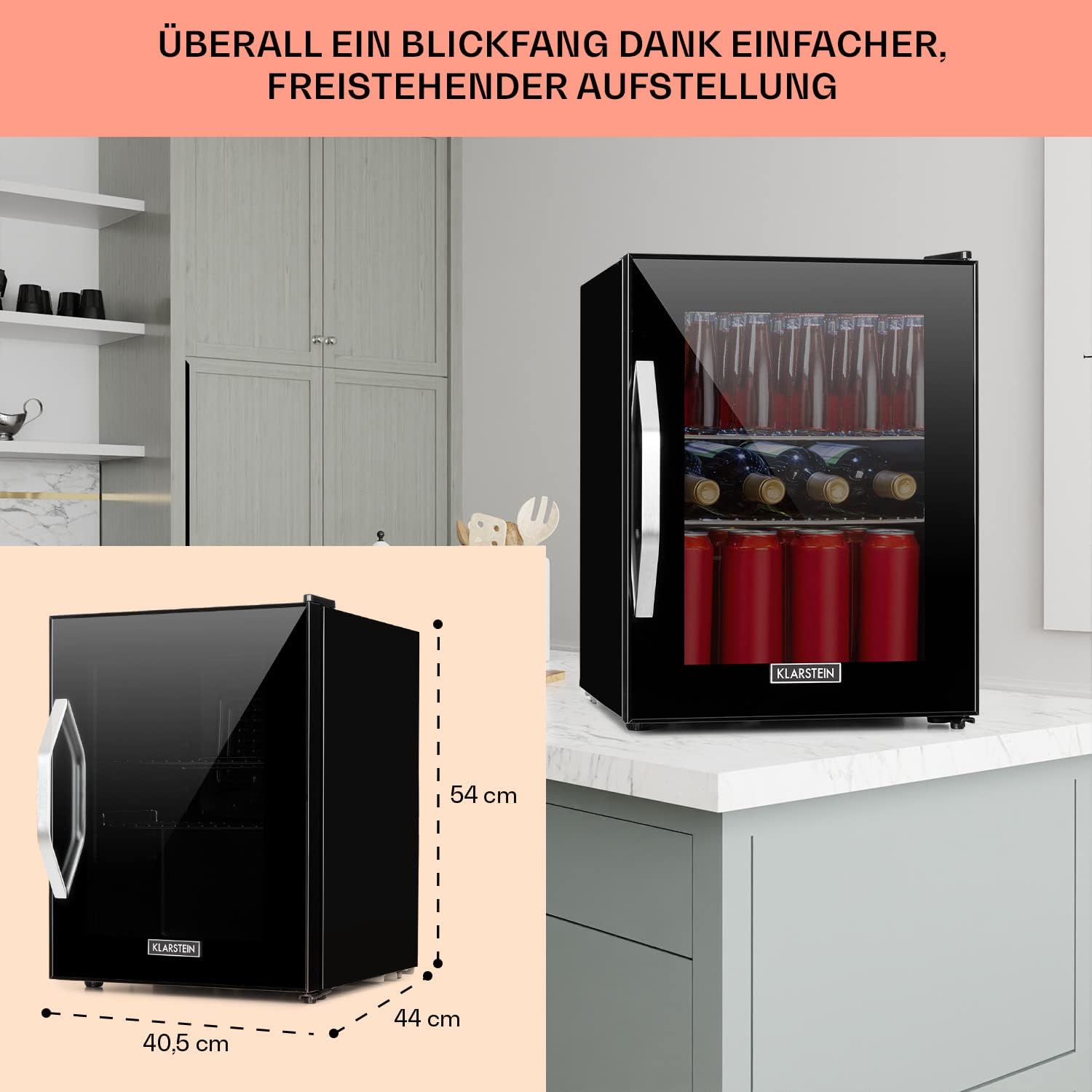 Mini Kühlschrank mit Glastür, 33 Liter, verstellbare Ablagen, leise, für Innen und Außen, ideal für Zimmer und Getränke