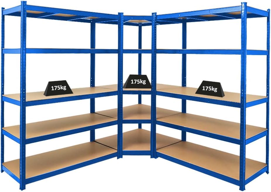Eckregal Ragnar 1x 180x90x60cm + Taurus 2X 180x120x60cm Blau, Fachlast 175kg, Keller-, Garagen- und Lagerregal, Steckregal