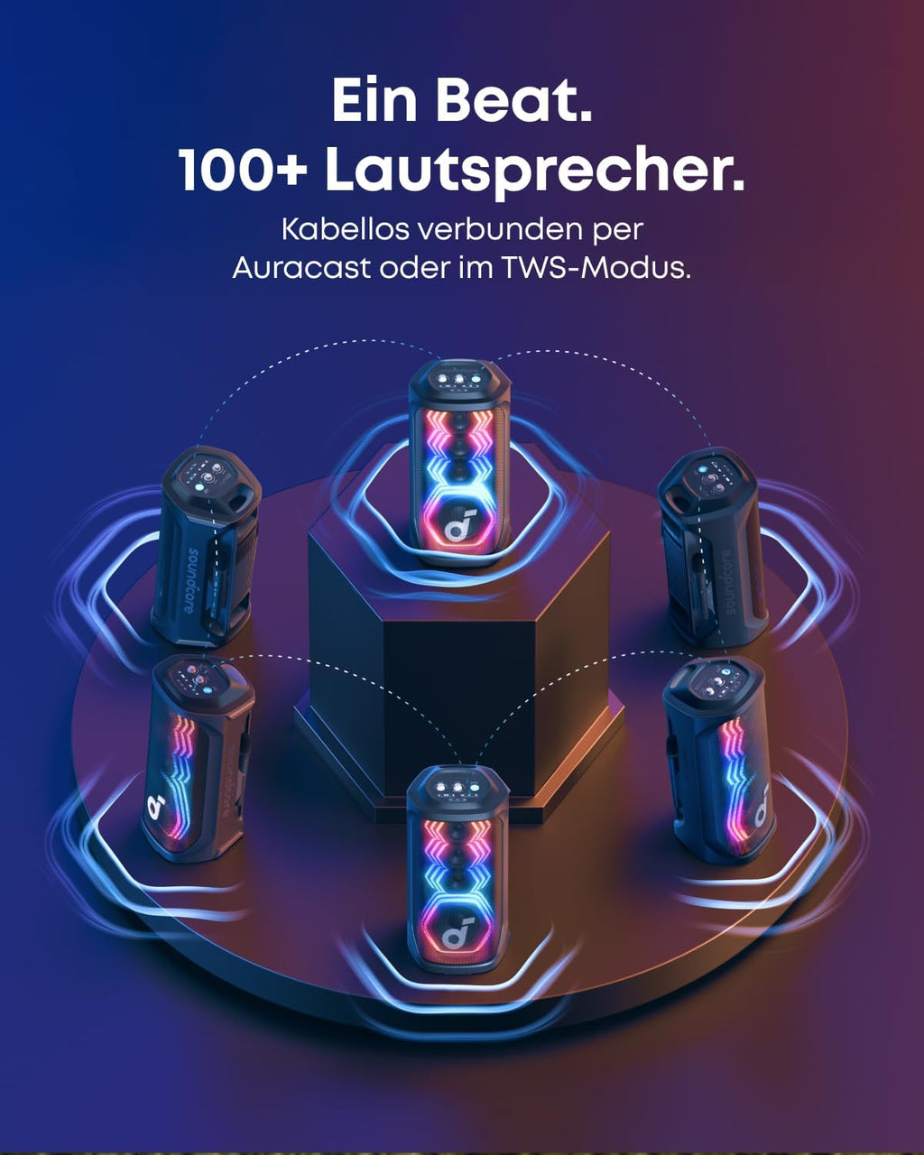 Rave 3S Partybox, KI-Karaoke, 2 kabellose Mikros, 200W, KI-Gesangsentfernung, Lichtshow, Auracast, 12h, Bluetooth-Lautsprecher für innen/außen