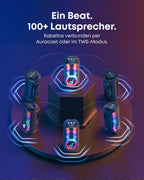 Rave 3S Partybox, KI-Karaoke, 2 kabellose Mikros, 200W, KI-Gesangsentfernung, Lichtshow, Auracast, 12h, Bluetooth-Lautsprecher für innen/außen