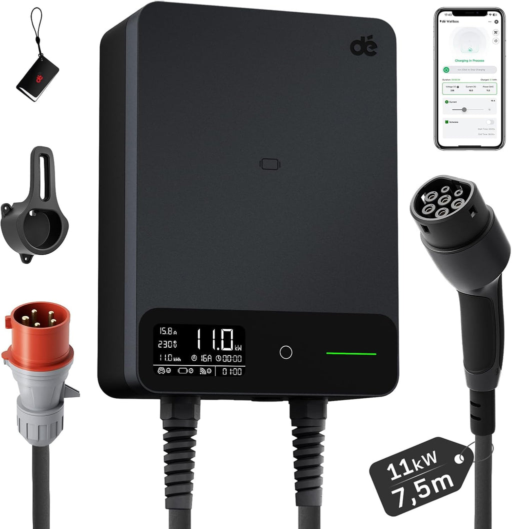 11kW Wallbox mit App, 7,5m Typ 2 Kabel + Halter, 3-Phasen (6-16A, 400V), RCD Typ A 30mA+6mA DC, IP54, für BEV/PHEV, schwarz