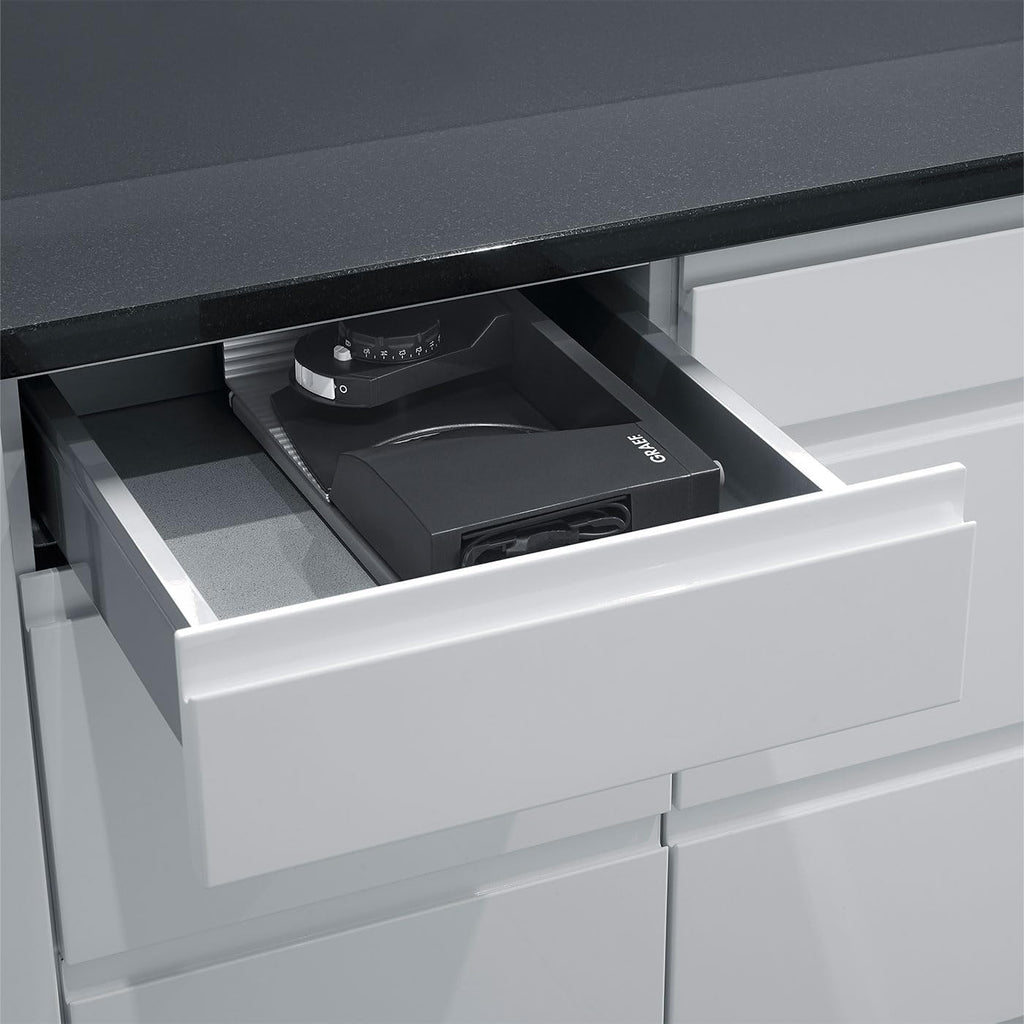 Klappbarer Allesschneider MT1006 - Vollmetall, Wellenschliffmesser 170 mm, Schnittstärke 0-15 mm, Energiesparmotor 170W, Kompakt, Eisenglimmergrau