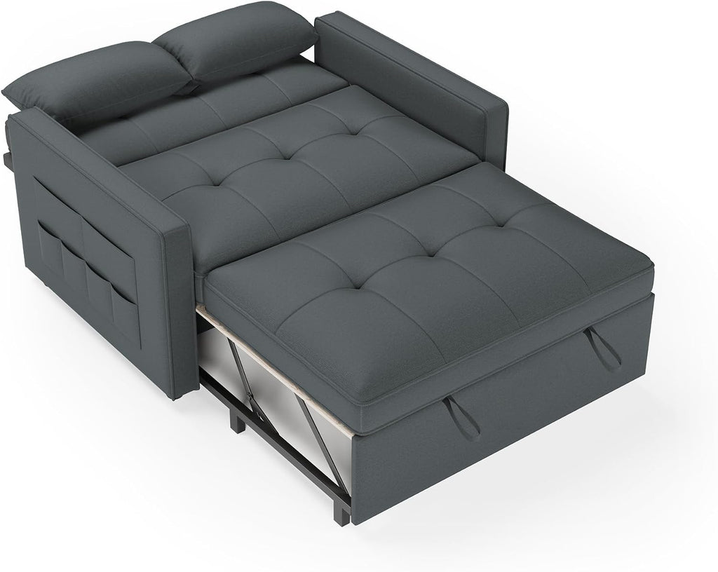 Schlafsofa 186x122cm mit 5-stufig verstellbarer Rückenlehne, 3-in-1 Schlafcouch mit Kissen & Seitentasche, graues Leinen für Gästezimmer & kleine Räume