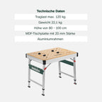 Multifunktionstisch MWB 100: Klappwerkbank, Transportgriffe, höhenverstellbare Beine, Nivellierfuß, mit Zwingen, Bankhaken, Eckverbinder, max. 120 kg