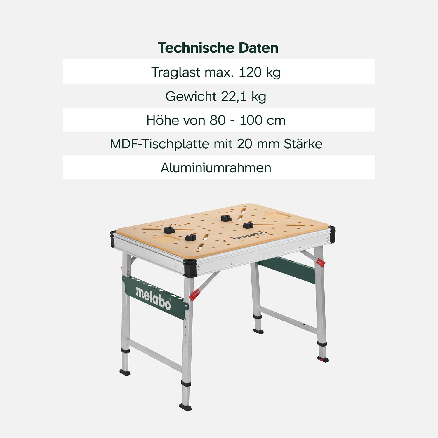 Multifunktionstisch MWB 100: Klappwerkbank, Transportgriffe, höhenverstellbare Beine, Nivellierfuß, mit Zwingen, Bankhaken, Eckverbinder, max. 120 kg