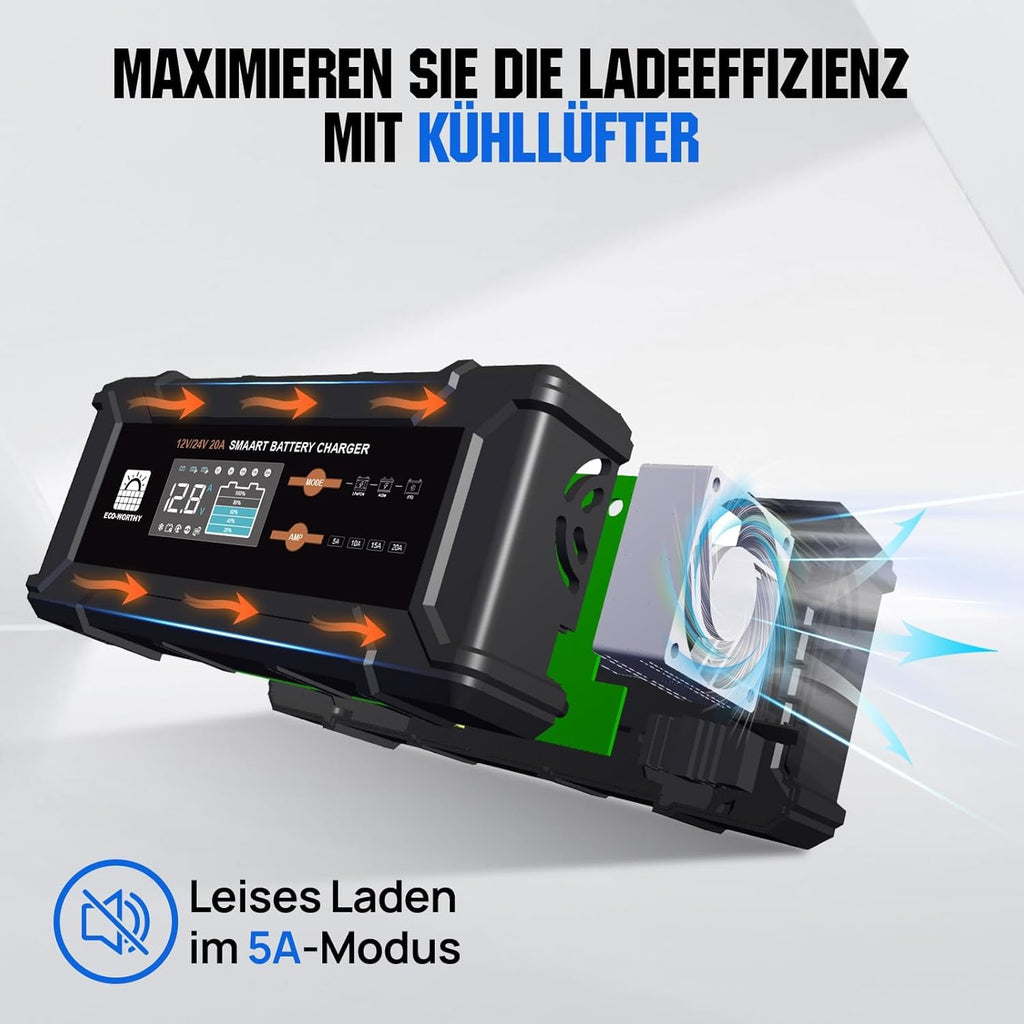 12V 100Ah LiFePO4 Bluetooth Lithiumbatterie mit BMS & Low Temperature Schutz, 12/24V 20A Ladegerät für Wohnmobil, Boot, Wohnwagen