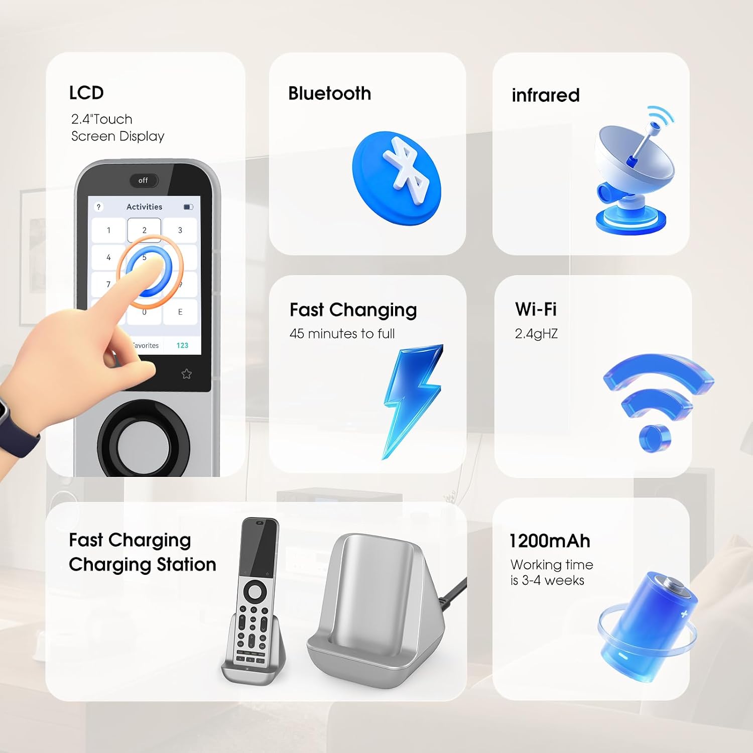 Universal Fernbedienung X2 mit Hub und Ladestation, Touchscreen, anpassbare Ein-Tasten-Steuerung, steuert bis zu 60 IR-/Bluetooth-/WLAN-Geräte