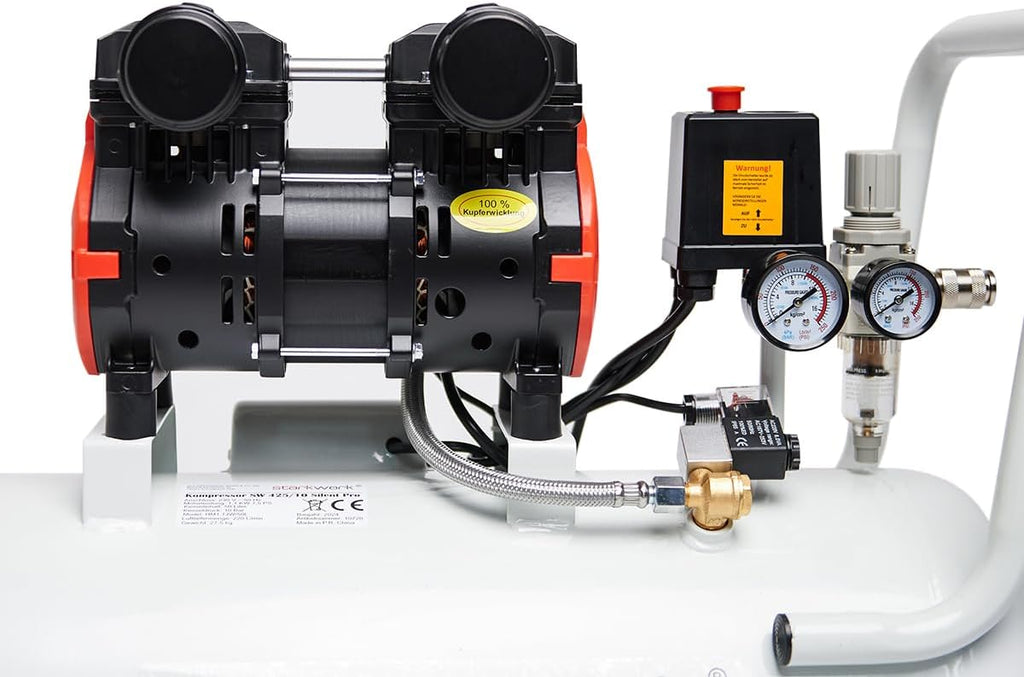 Flüsterkompressor Silent 69 dB SW 425/10 Pro Ölfrei 10 Bar 50 L Kessel 1100 W inkl. Druckminderer + Wasserabscheider