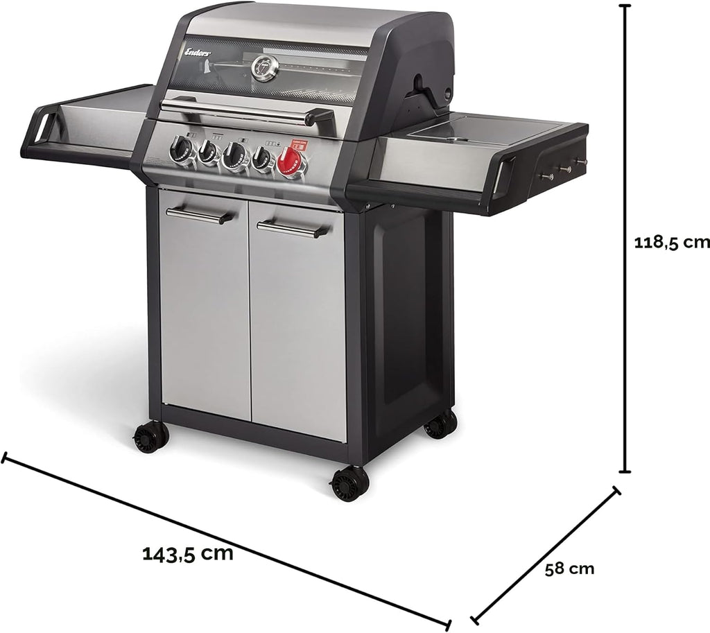 Gasgrill MONROE PRO 3 SIK TURBO, 3 Edelstahlbrenner, Seitenkocher, Infrarot-Backburner, PanoVision, HEAT RANGE, 800°C Turbo Zone, Silber/Schwarz