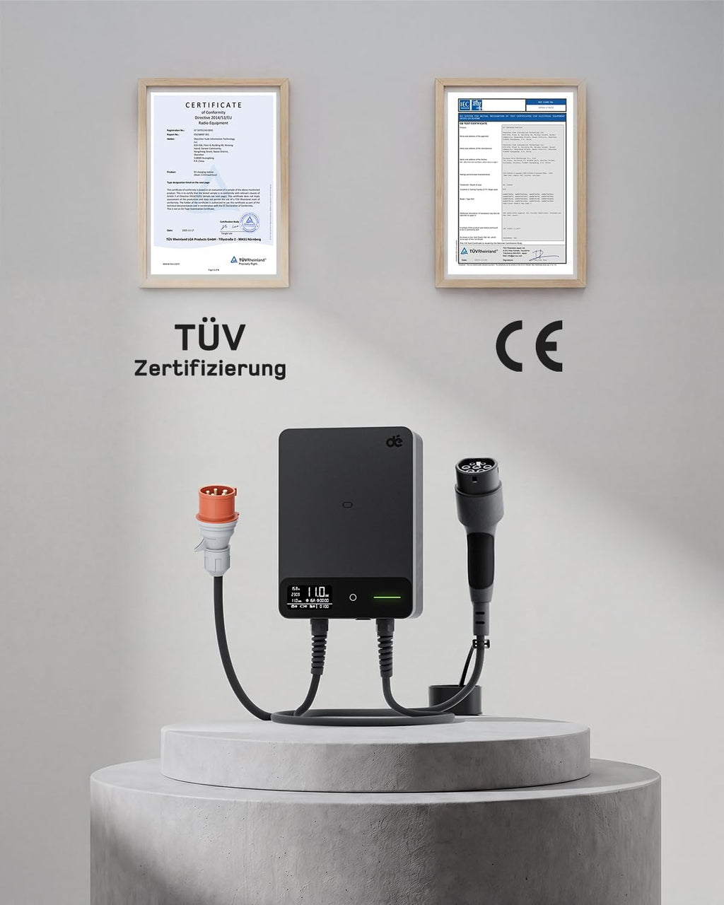 11kW Wallbox mit App, 7,5m Typ 2 Kabel + Halter, 3-Phasen (6-16A, 400V), RCD Typ A 30mA+6mA DC, IP54, für BEV/PHEV, schwarz