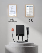 11kW Wallbox mit App, 7,5m Typ 2 Kabel + Halter, 3-Phasen (6-16A, 400V), RCD Typ A 30mA+6mA DC, IP54, für BEV/PHEV, schwarz