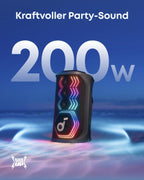 Rave 3S Partybox, KI-Karaoke, 2 kabellose Mikros, 200W, KI-Gesangsentfernung, Lichtshow, Auracast, 12h, Bluetooth-Lautsprecher für innen/außen