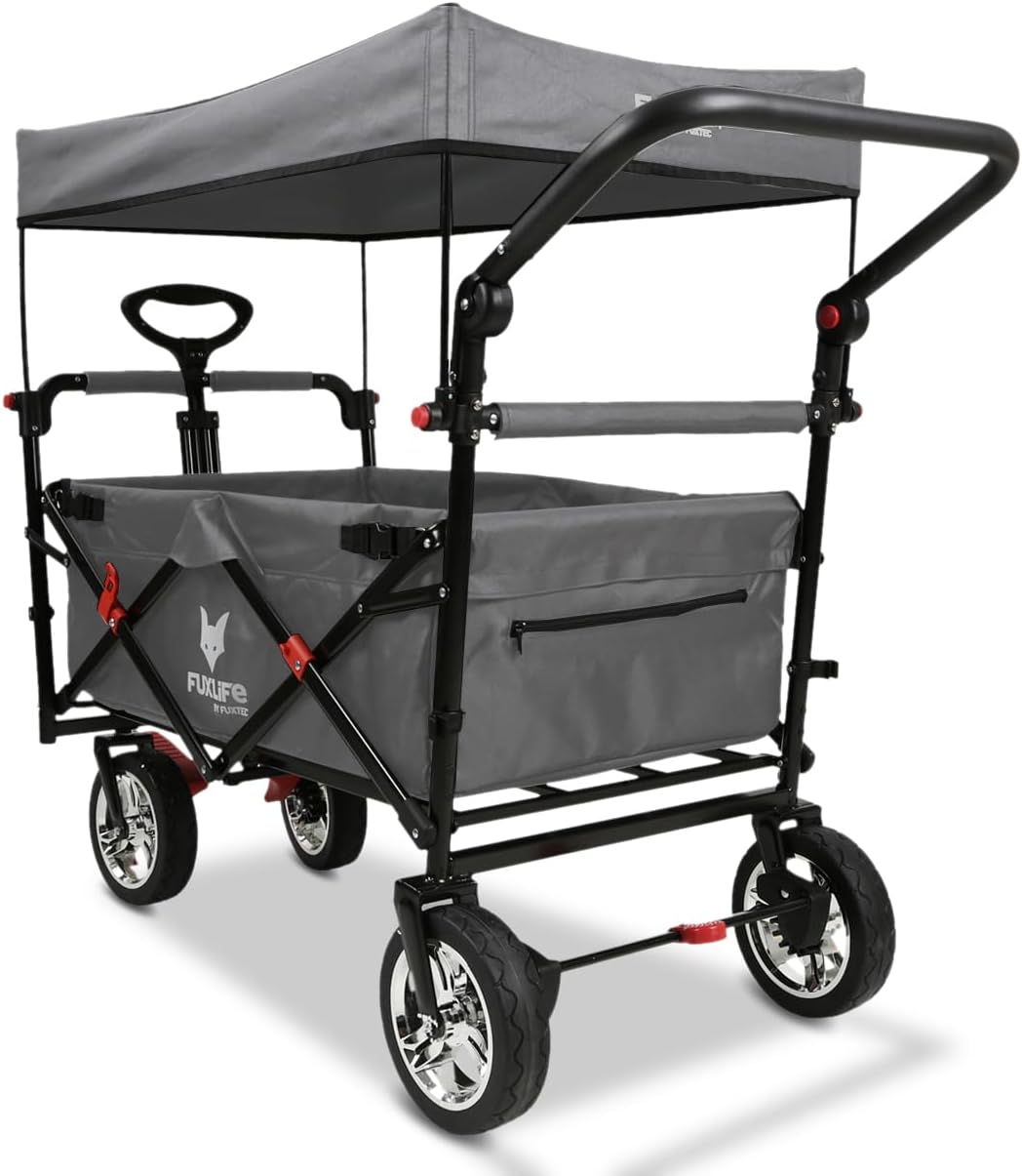 Bollerwagen faltbar FX-CT700 Grau • klappbarer Handwagen mit Bremsen • höhenverstellbarer Griff • gepolsterter Sitzbereich • platzsparend