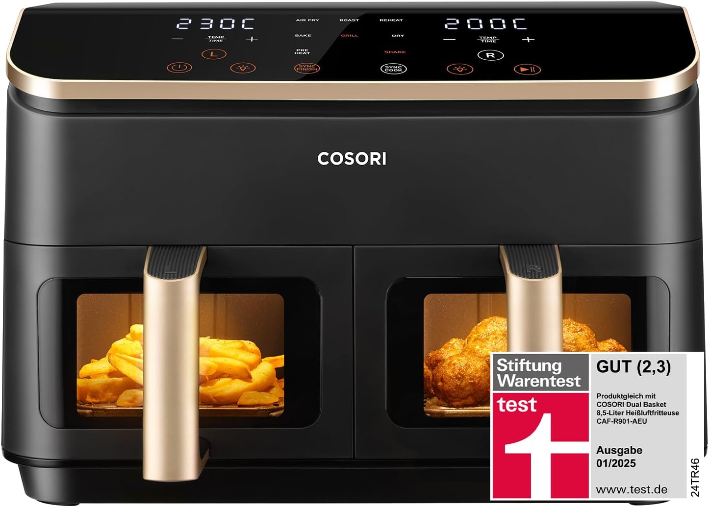 Heißluftfritteuse 8,5L 2 Kammern mit Sichtfenster, Testsieger Stiftung Warentest, NTC-Tech für präzise Temperaturkontrolle, Gold, R903