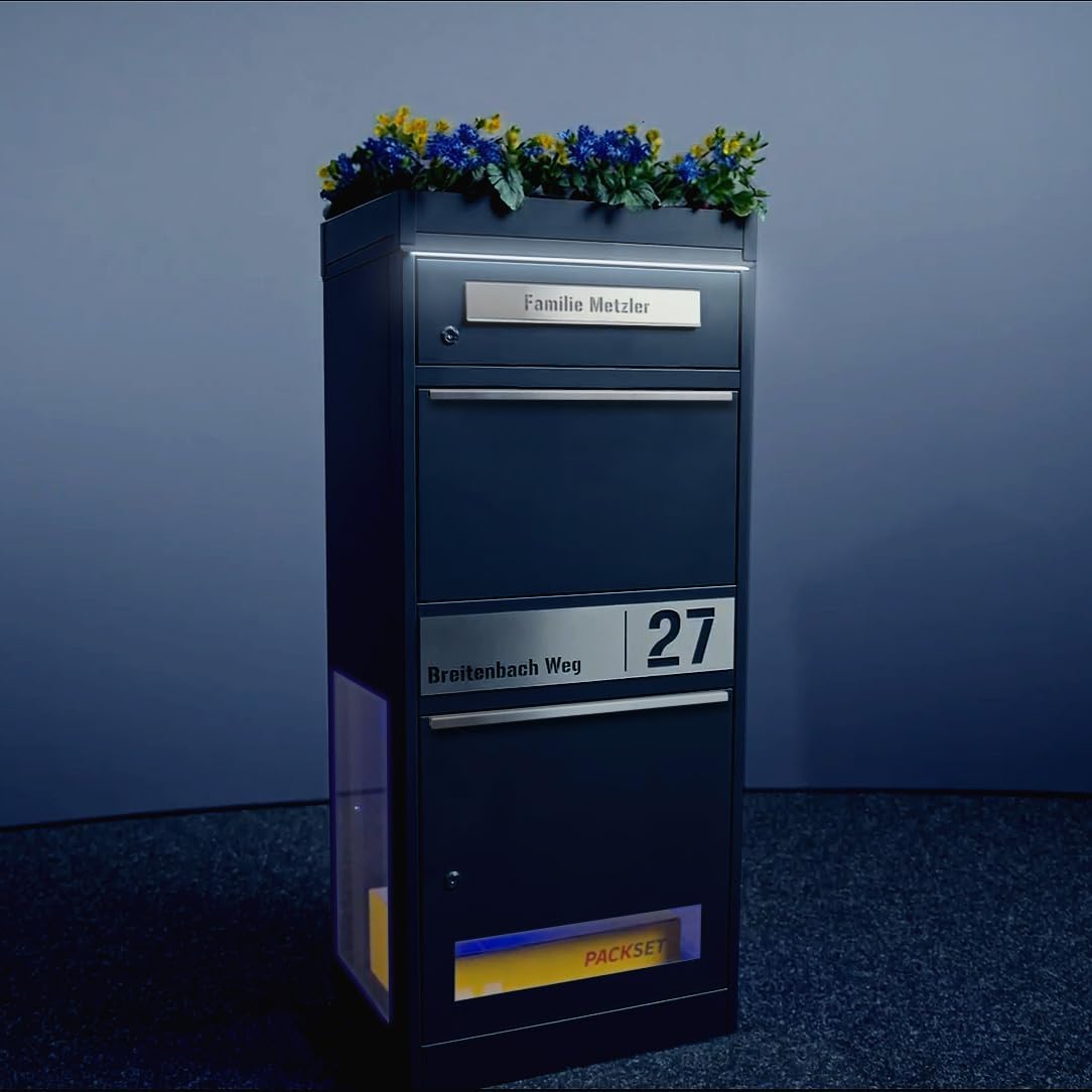 Paketbox Briefkasten mit großem Paketfach, Anthrazit, personalisiert, Standbriefkasten für draußen, rostfrei und massiv, mit Gravur, Bispo 2