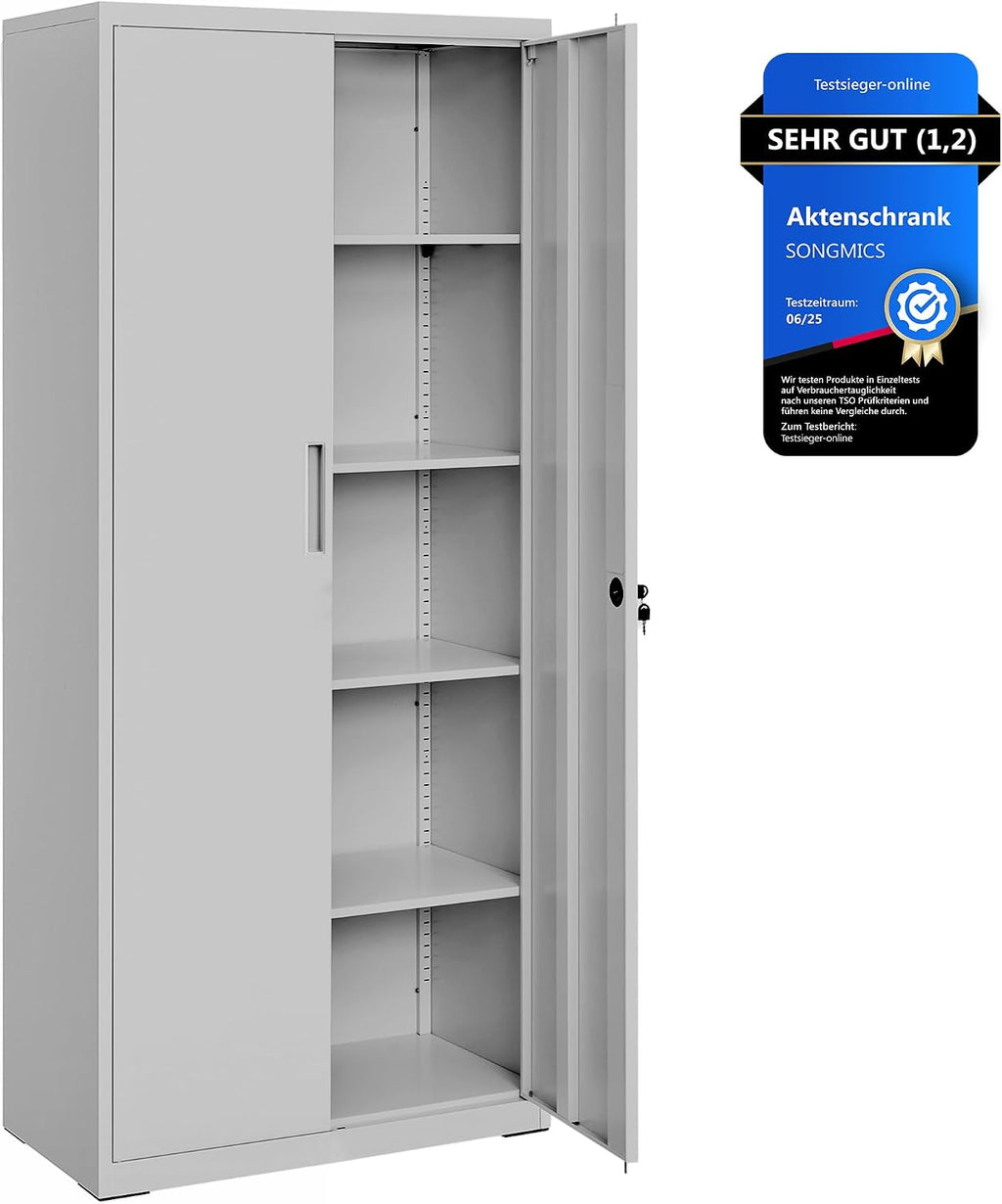 Stahl-Aktenschrank, 5 Ebenen, Doppeltüren + Schloss, verstellbare Ablagen, Mehrzweck-/Werkzeugschrank, für Garage/Büro/Wohnzimmer, grau, OMC015G01