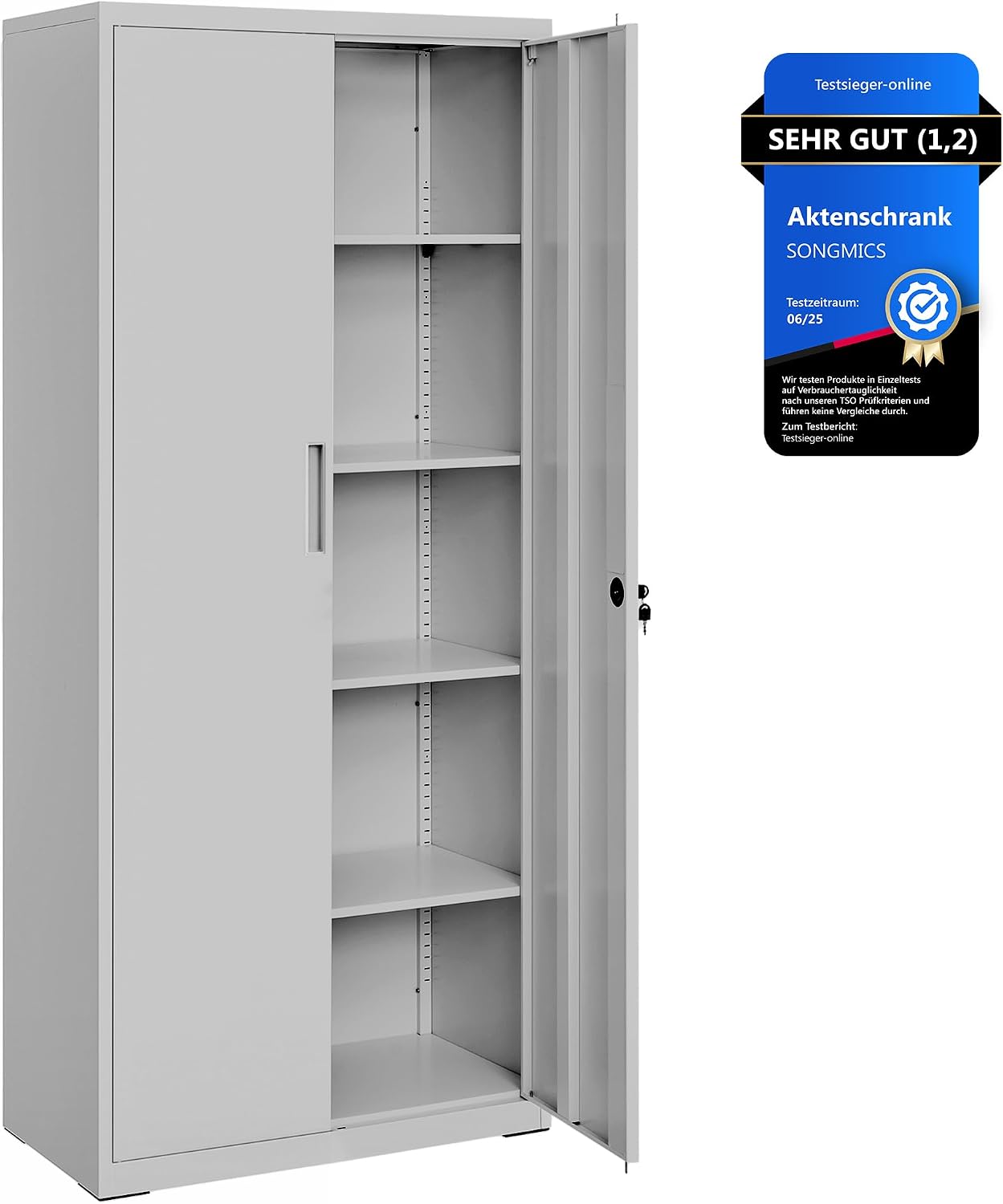 Stahl-Aktenschrank, 5 Ebenen, Doppeltüren + Schloss, verstellbare Ablagen, Mehrzweck-/Werkzeugschrank, für Garage/Büro/Wohnzimmer, grau, OMC015G01