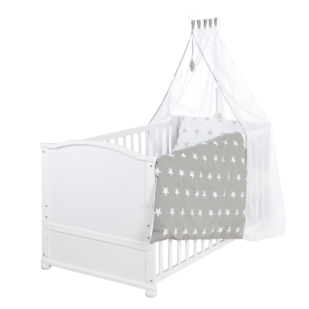 Babybett Set Little Stars 70x140 cm, mitwachsendes Kinderbett mit umbaubarem Design, inkl. Sterne-Textilien, höhenverstellbar, Holz weiß
