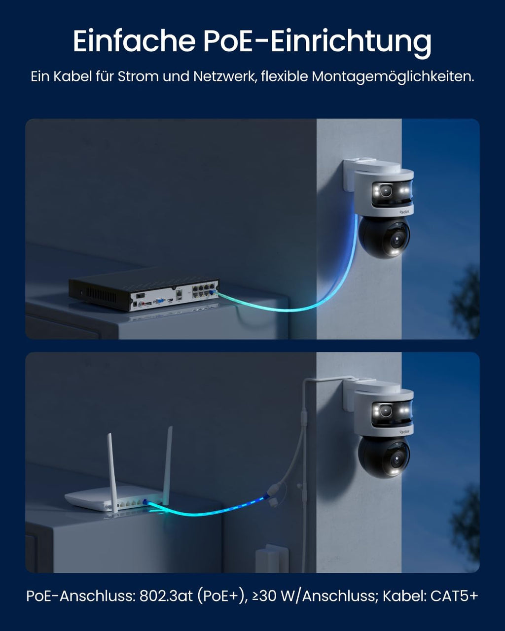 Dreifachobjektiv PoE Sicherheitskamera Außen, 10MP 180° Panorama & 4K PT Auto-Track., KI-Videosuche, Perimeter-Schutz, Farb-/IR-Nacht., 24/7-Aufz., OMVI 3i