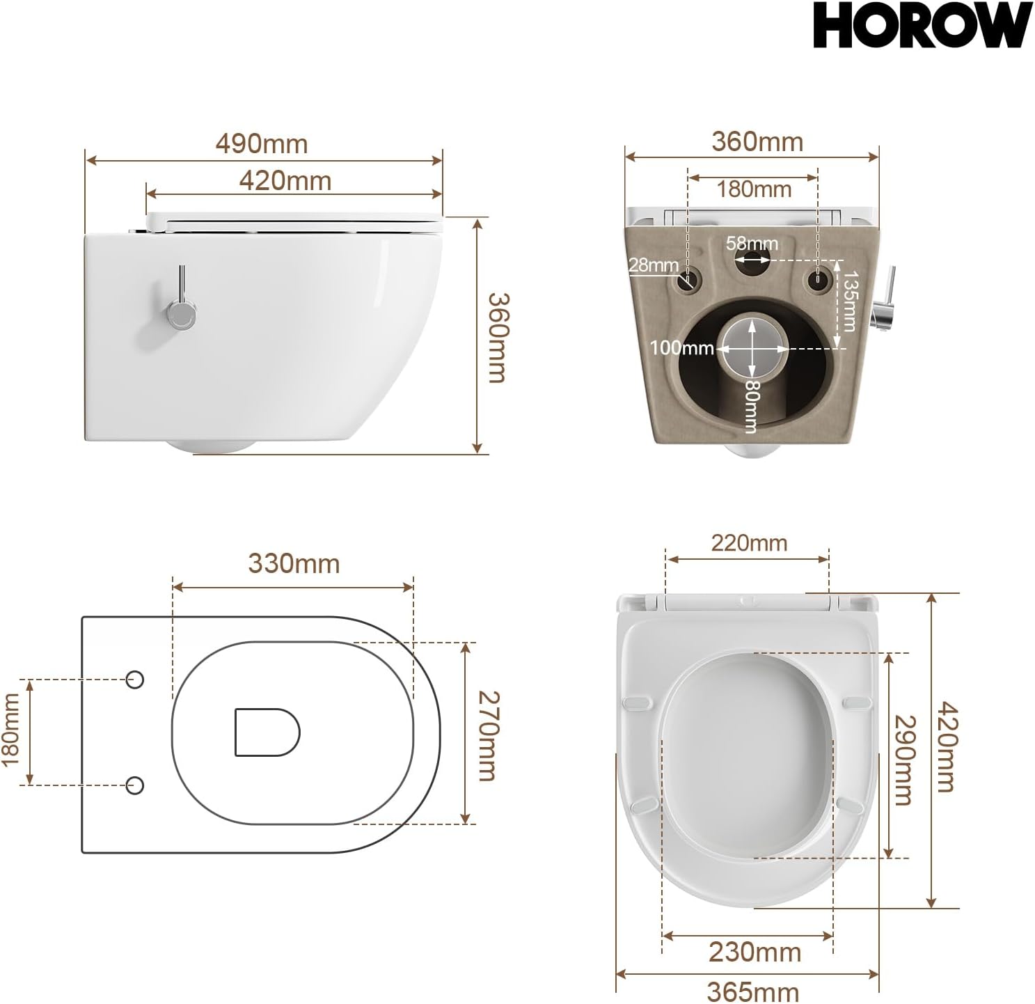 Toilette mit Bidet-Funktion, spülrandlos, Nano-Beschichtung, WC-Dusche mit Armatur, Absenkautomatik, Kalt-Warm Wasser, Hänge-WC, 49x36x36 cm