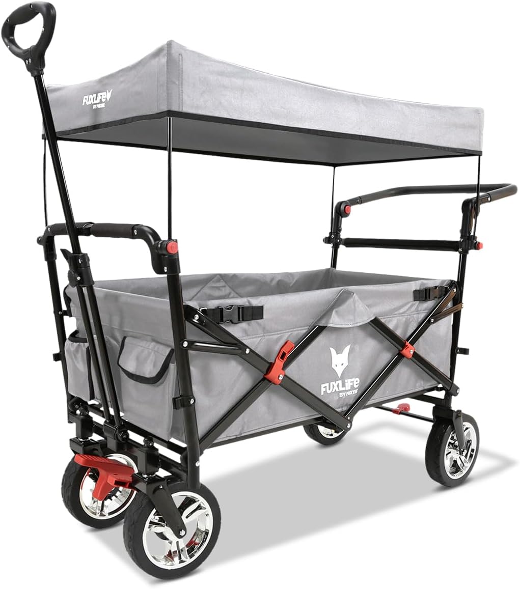 Bollerwagen faltbar FX-CT700 Grau • klappbarer Handwagen mit Bremsen • höhenverstellbarer Griff • gepolsterter Sitzbereich • platzsparend