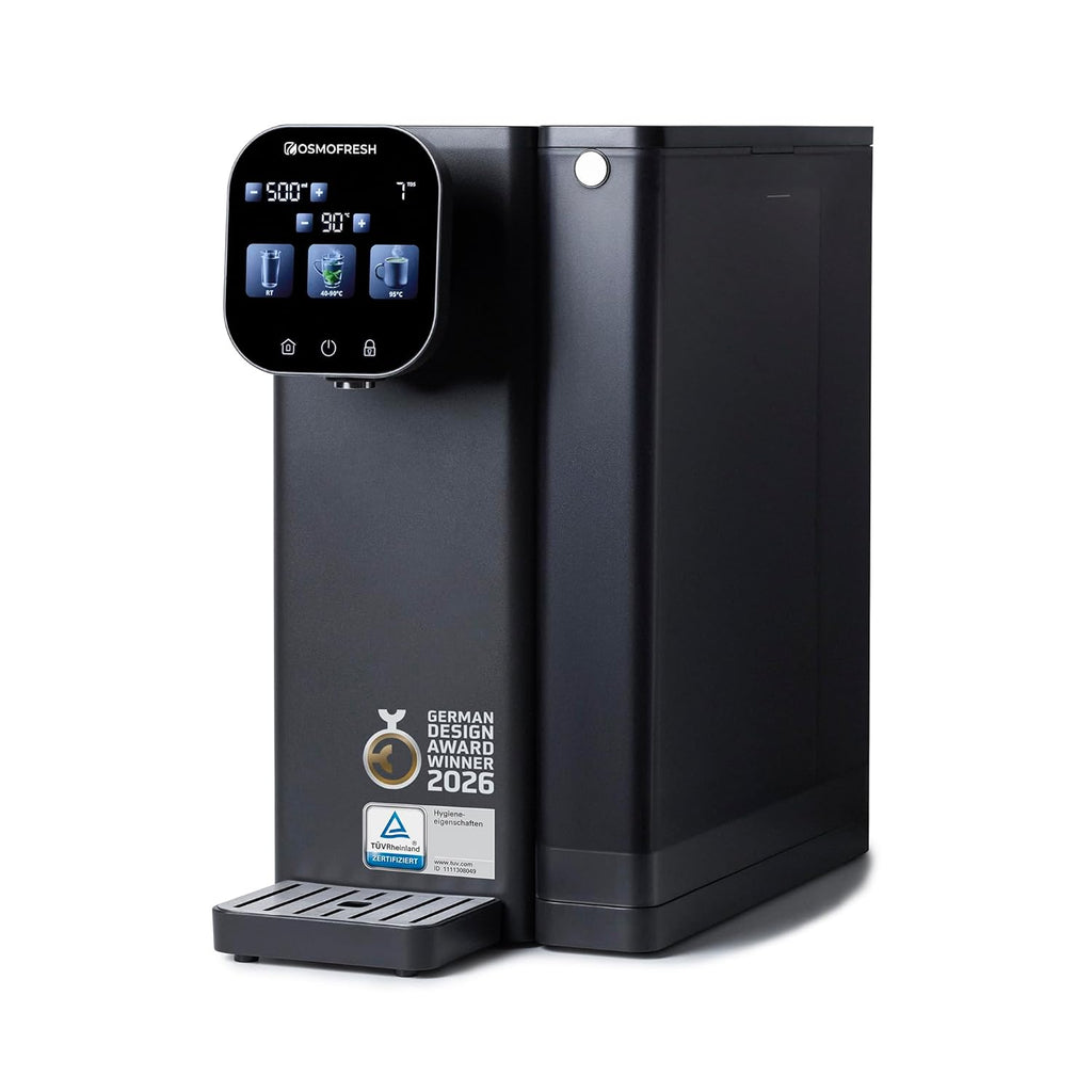 Fusion Air Auftisch-Osmoseanlage, ohne Installation, Heißwasserspender, Filterung + Mineralien, 3x UV-C LED, Abwasser 2:1, TÜV-zertifiziert
