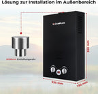 Gasdurchlauferhitzer 10L 50mbar mit Edelstahl Regendeckel Propan/Butan Gas für Campingdusche, Wohnmobilausflug, Waschpferd