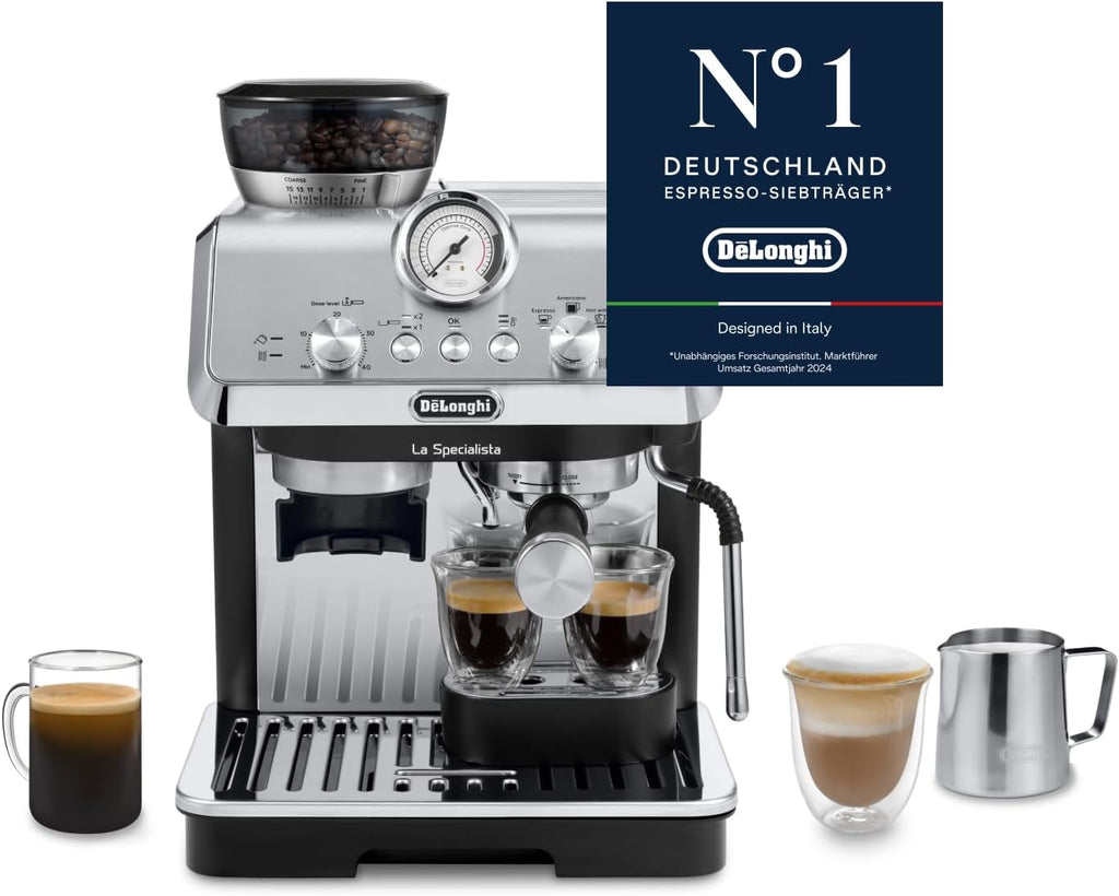 La Specialista Arte EC9155.MB, Mahlwerk, 8 Stufen, 15 Bar, 3 Temp., Milchschaumdüse, 1550W, 1,7L, Edelstahl/schwarz, inkl. Kit