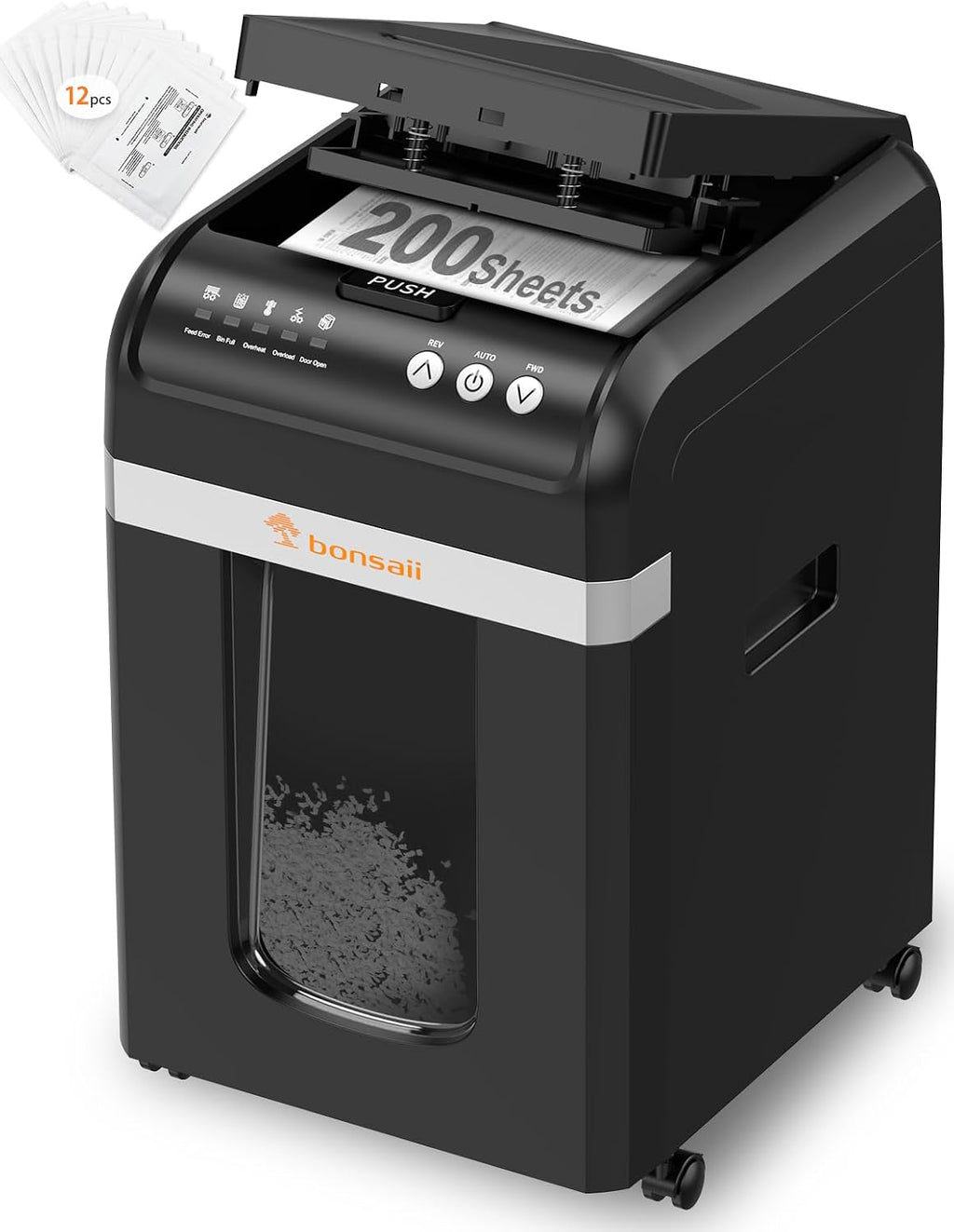 Automatischer 200-Blatt-Einzug Aktenvernichter, 60 Min Dauerbetrieb, DIN P-4 Mikroschnitt, 31L Behälter, leise 58 dB, energiesparend, C283