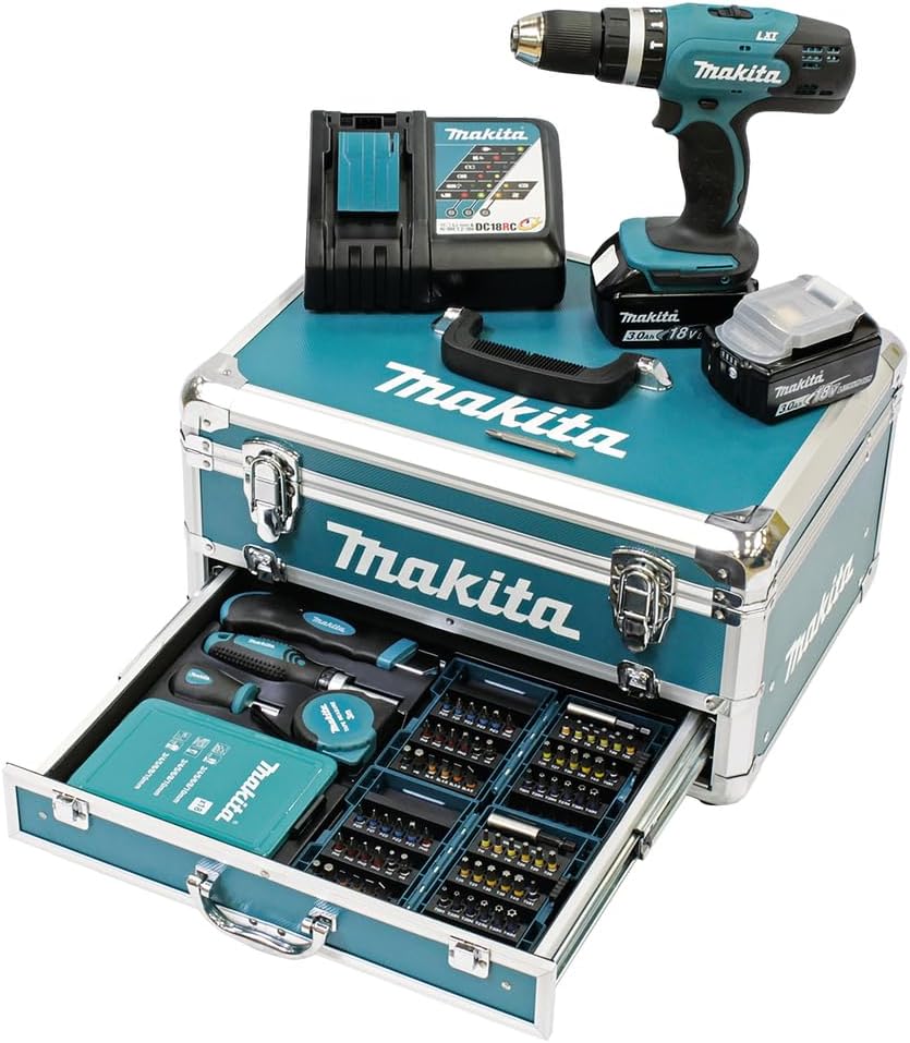 DHP453RFX2 Akku-Schlagbohrschrauber 18V 3,0Ah mit Alukoffer & 96-teiligem Zubehör-Set, Blau/Silber