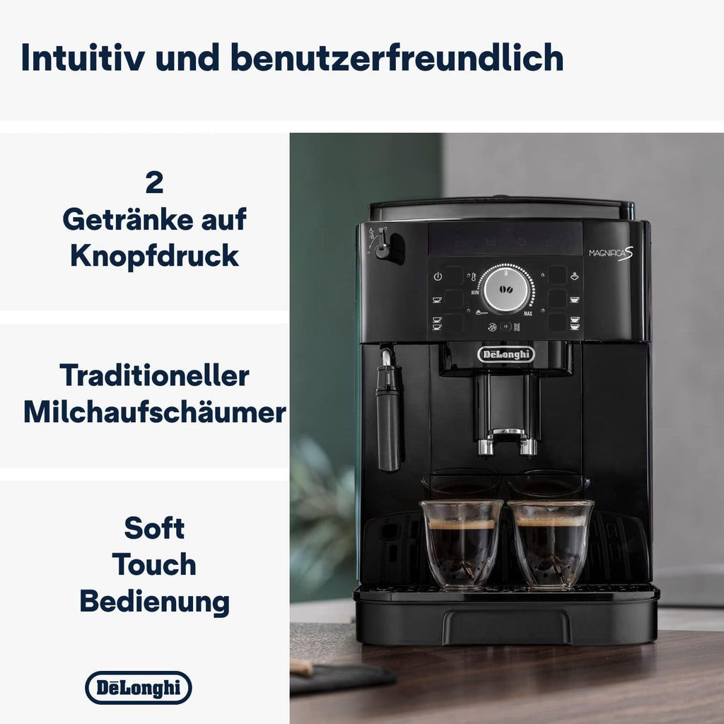 Magnifica S Kaffeevollautomat, klassischer Milchaufschäumer, Espresso & Cappuccino, Bedienfeld mit Tasten, Schwarz, ECAM11.112.B