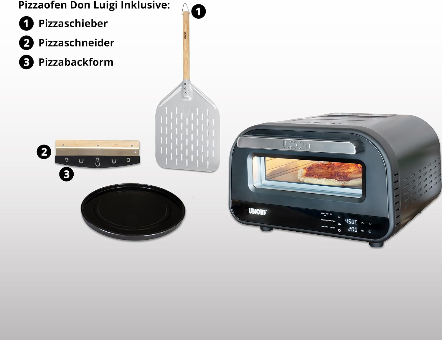68815 Don Luigi Pizzaofen, elektrisch, 450°C, 2 Min., 1700W, inkl. Zubehör, hitzeisoliert, gleichmäßige Hitze