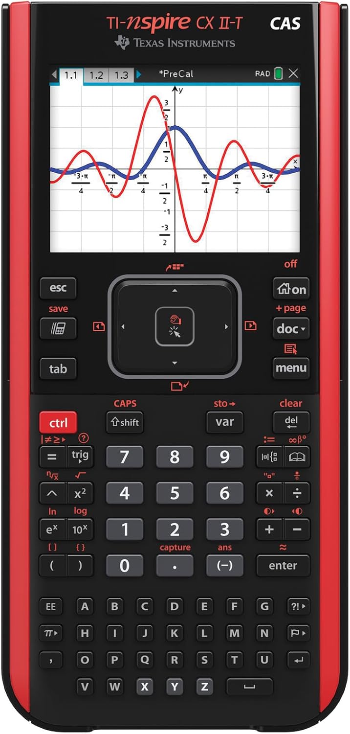 TI-Nspire CX II-T CAS Graphikrechner mit 800 Funktionen, farbige Darstellung, 3D Anzeige, Schwarz Rot