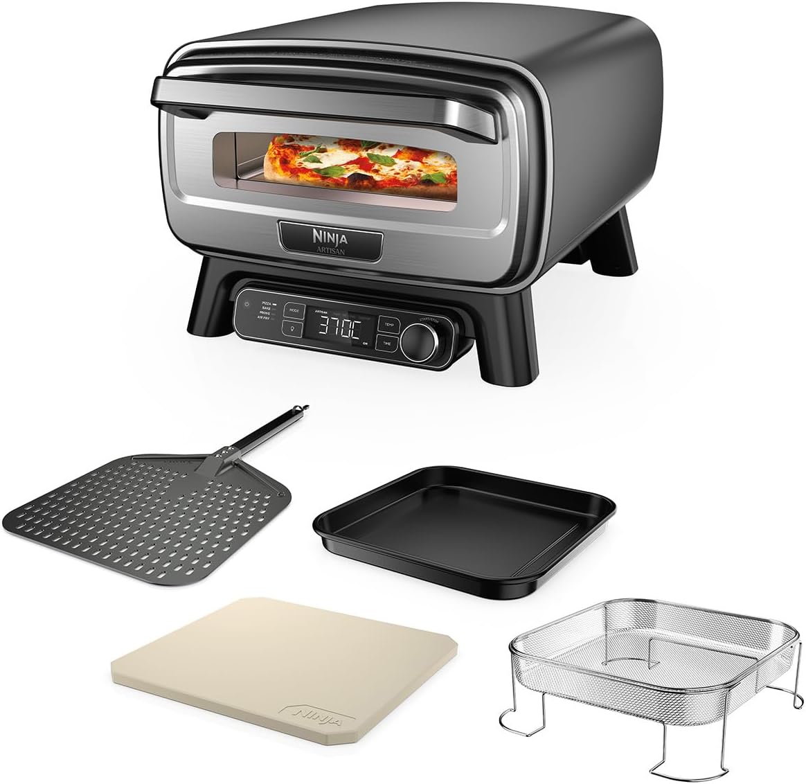 Artisan Outdoor-Pizzaofen + Heißluftfritteuse, 4 Funktionen (Pizza/Air Fry/Bake/Prove), 5 Pizza-Modi, 30cm Pizzastein + Zubehör, grau, MO201EU