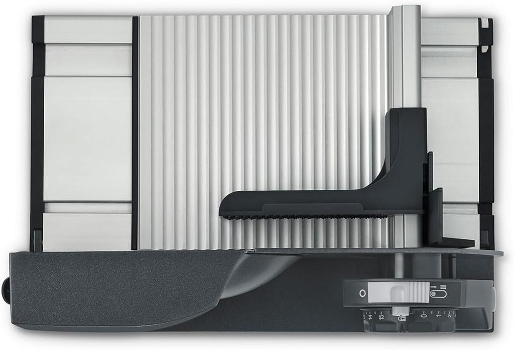 Klappbarer Allesschneider MT1006 - Vollmetall, Wellenschliffmesser 170 mm, Schnittstärke 0-15 mm, Energiesparmotor 170W, Kompakt, Eisenglimmergrau