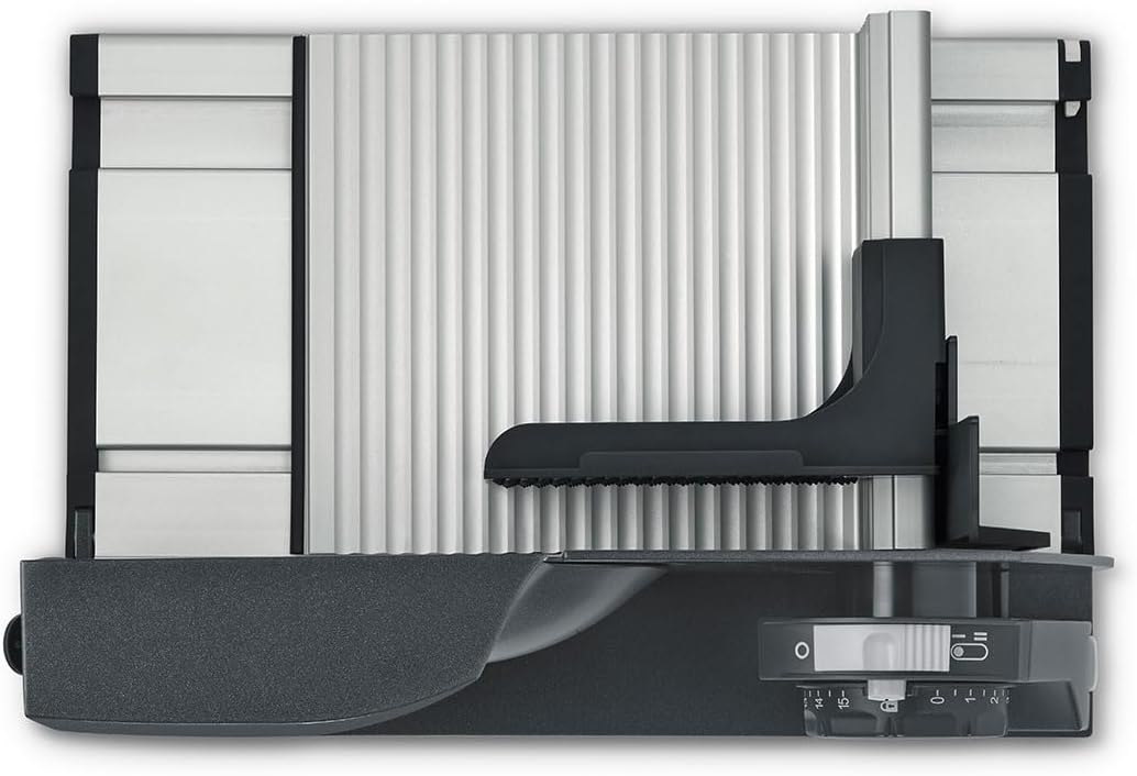 Klappbarer Allesschneider MT1006 - Vollmetall, Wellenschliffmesser 170 mm, Schnittstärke 0-15 mm, Energiesparmotor 170W, Kompakt, Eisenglimmergrau